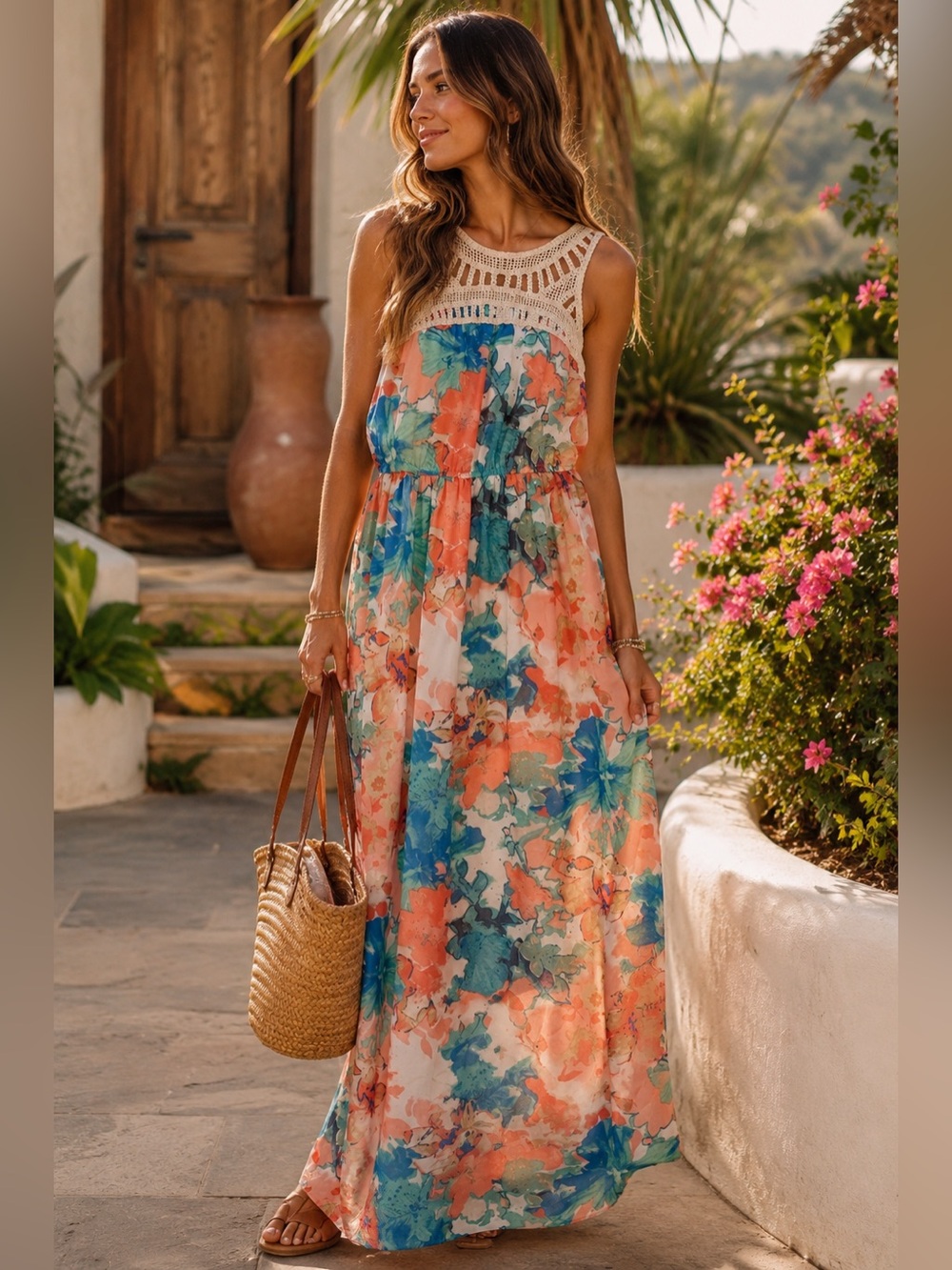 Lily Rose Coral & Teal Floral Crochet-Yoke Maxi Dress